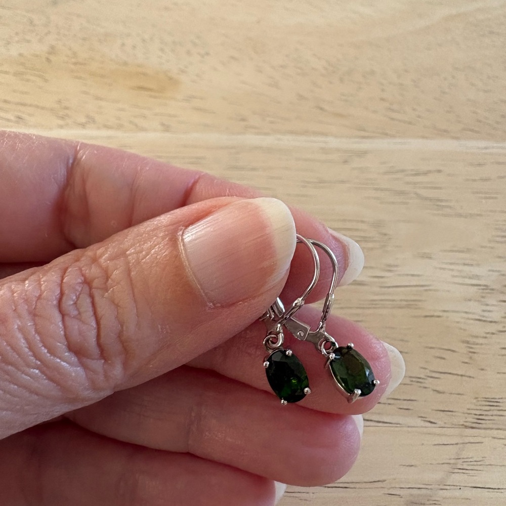 Sterling Silver Dark Green Chrome Dioxide Oval Drop Earrings
